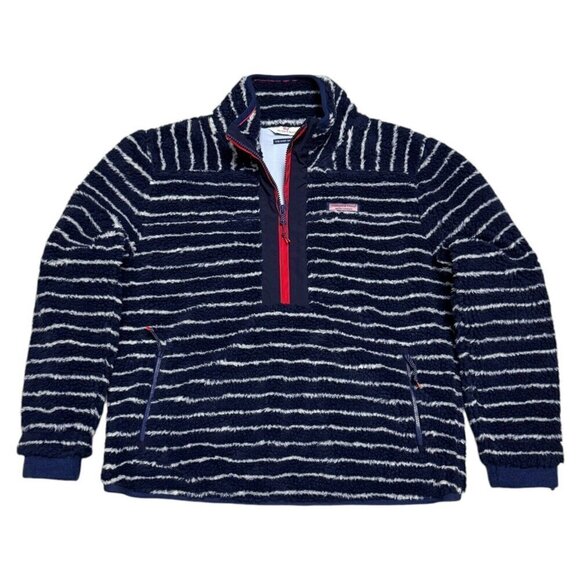 Vineyard Vines SHERPA The Shep Shirt Striped Fleece Blue Jacket Womens Medium - Picture 1 of 6